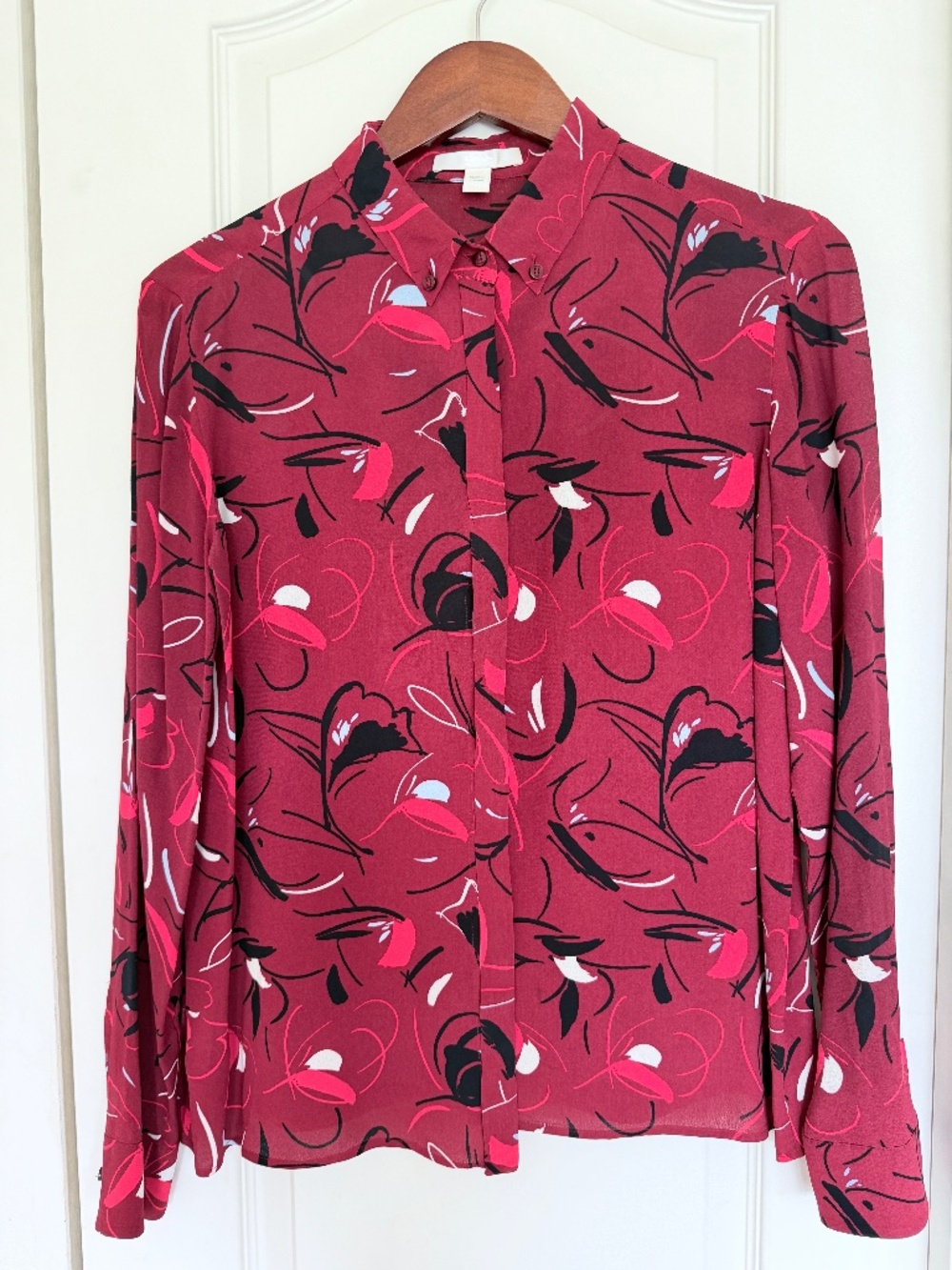 BOSS Hugo Boss Red Floral Silk Button Down Collar Blouse Size 6